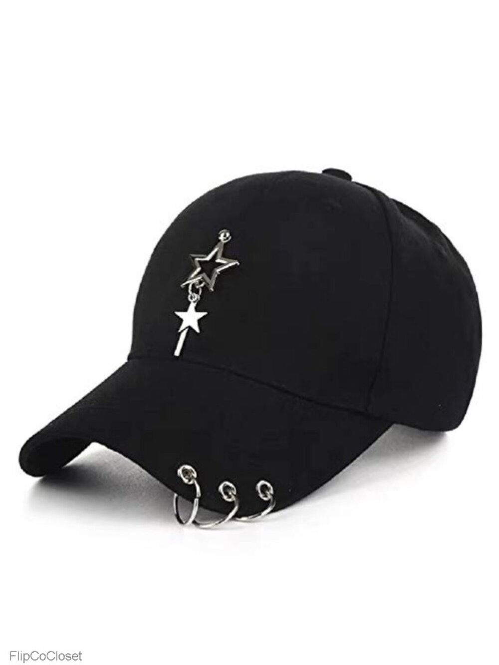 K-pop Metallic Fitted Baseball Cap with Ring Chain Star Embellishment